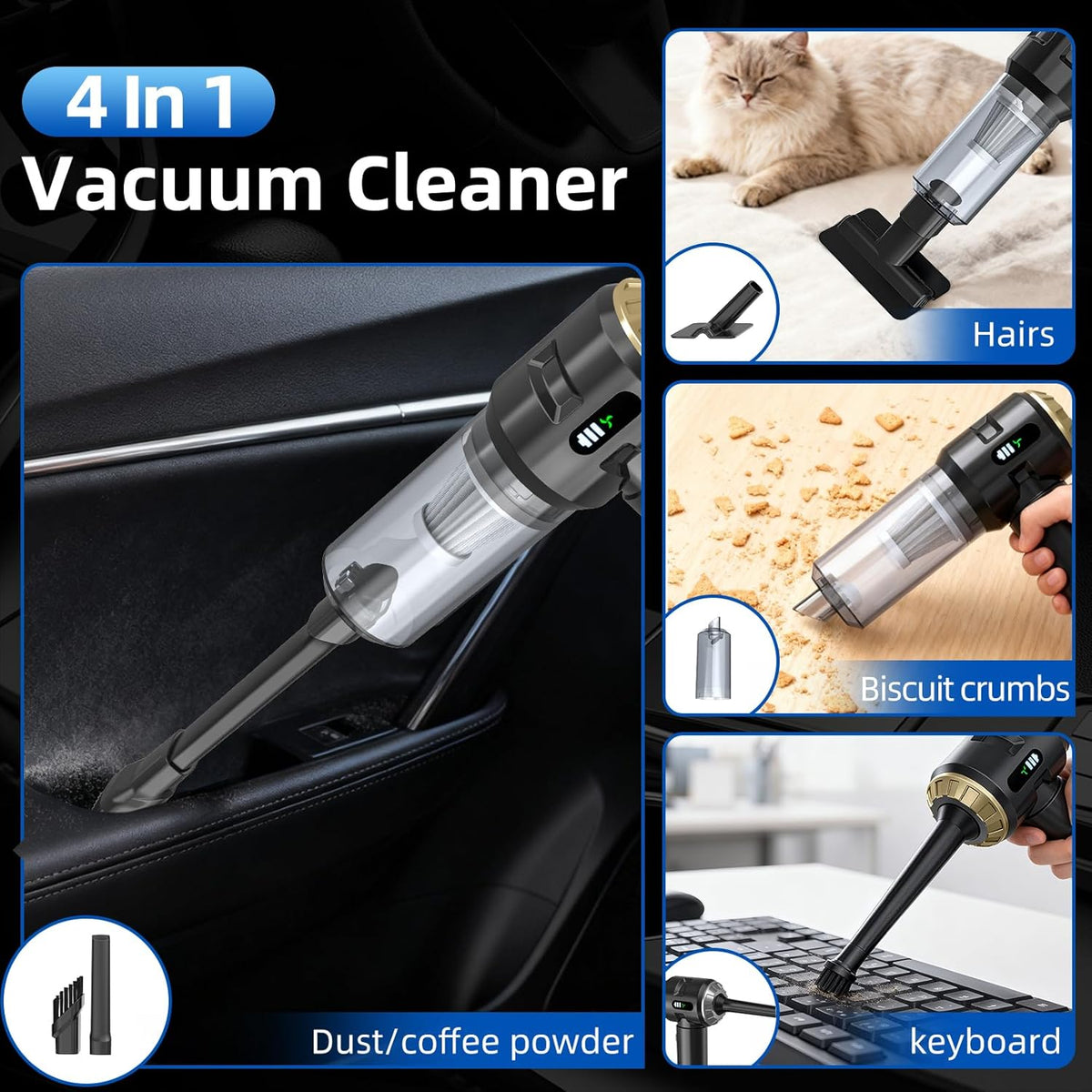 Sycoodeal Handheld Car Vacuum Cleaner, 25000PA Strong Cyclonic Suction Portable Mini Vacuum Cordless with Digital Display Lightweight Handheld for Pet Hair, Car, Home, Office, Kitchen(Silver)