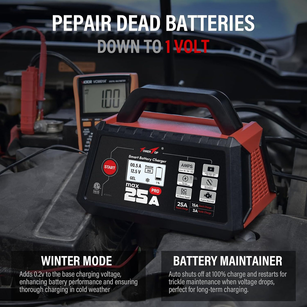 TowerTop 2/10/25 Amp 12V Smart Car Battery Charger, Fully Automatic Battery Maintainer with Engine Start, Auto Desulfator, Battery Repair, Winter Mode, for AGM, STD, Gel, Deep Cycle Batteries