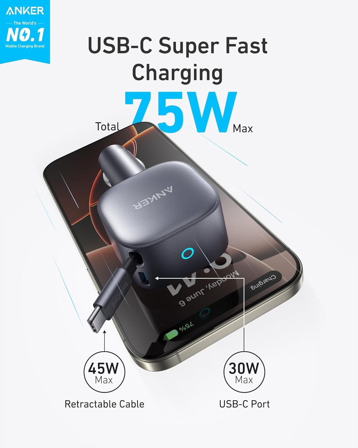 Anker Retractable USB-C Car Charger, 75W Max Fast Charging with Built-in Retractable Cable Car Adapter, Car Accessories for iPhone 17/16 Series, Galaxy S25/S24, MacBook Pro/Air, iPad, and More