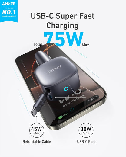 Anker Retractable USB-C Car Charger, 75W Max Fast Charging with Built-in Retractable Cable Car Adapter, Car Accessories for iPhone 17/16 Series, Galaxy S25/S24, MacBook Pro/Air, iPad, and More