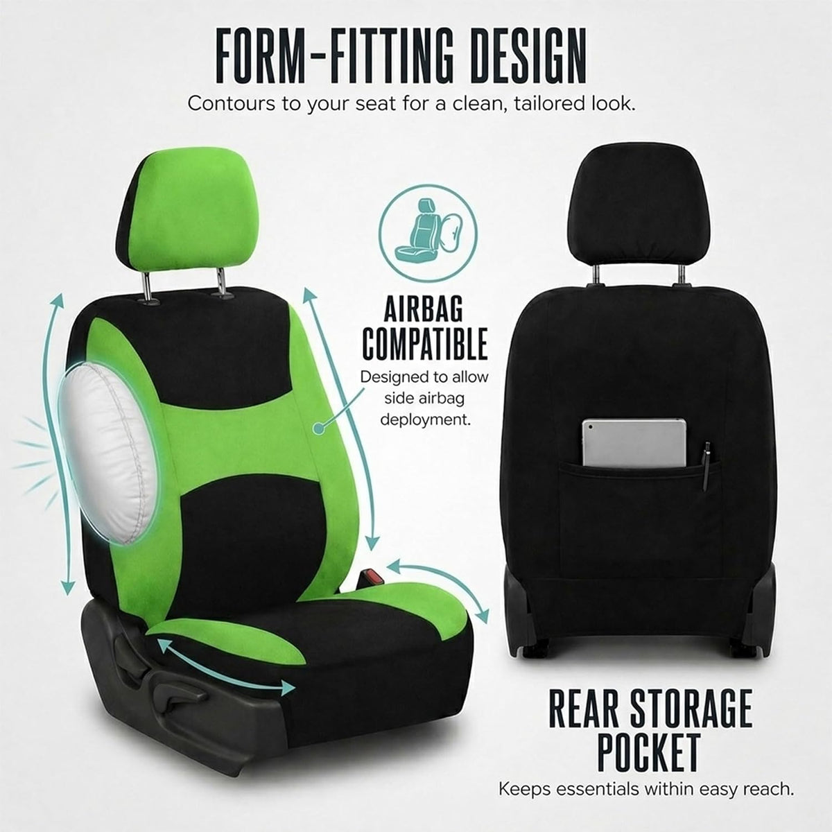 FH Group Full Set Cloth Car Seat Covers, Universal Fit Front and Split Bench Rear, Airbag Compatible, Washable for SUV, Sedan, Van - Black