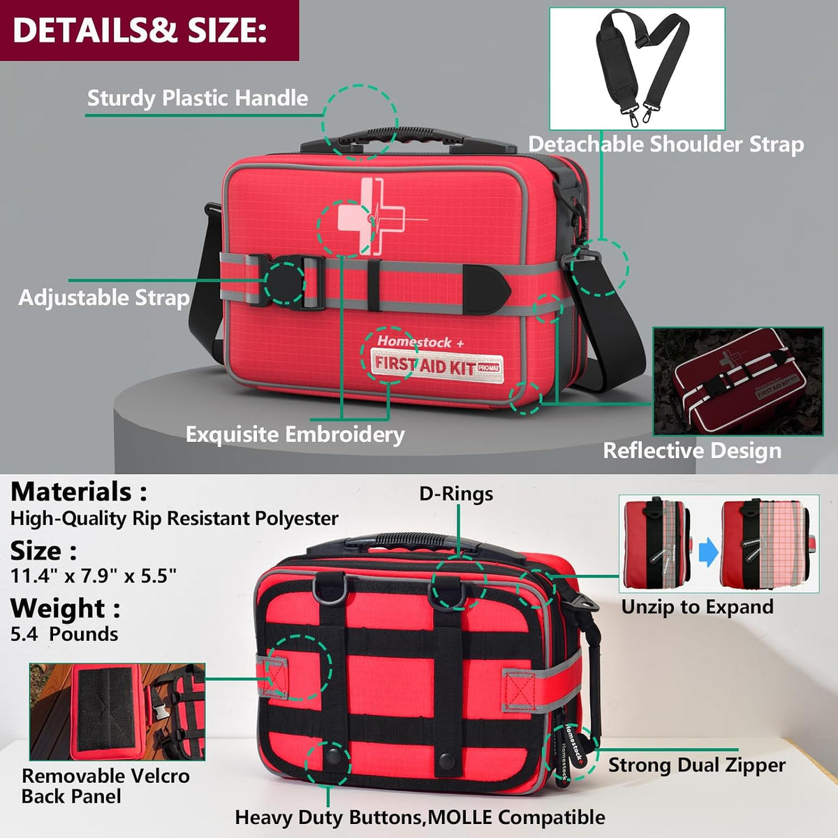First Aid Kit, Professional Trauma First Aid Kit with Labelled Compartments Molle System for Car, Hiking, Backpacking, Camping, Traveling, and Cycling