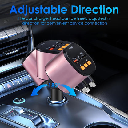 Retractable Car Charger,5 in 1 Fast Cars Phone Charger 90W,Bluetooth 5.3 FM Transmitter Adapter,Handsfree Call,2 Retractable Cables and USB Chargers for iPhone17/16 15/14/13