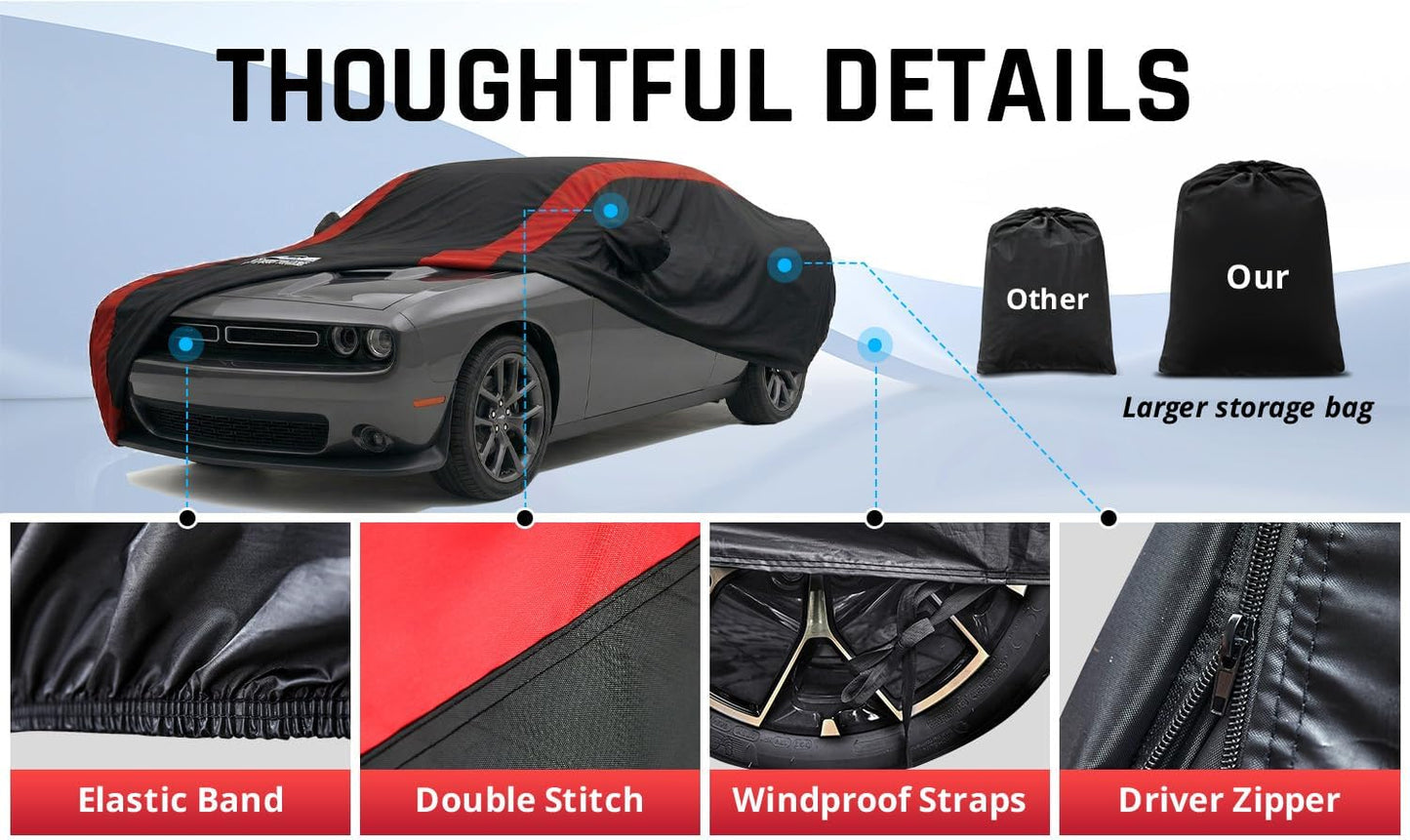 Car Cover Waterproof All Weather Protection with Red Stripe Design, Universal Fit Toyota Camry Solara, Ford Fusion, Kia Stinger Optima, Nissan Maxima, VW Passat, Subaru Legcy