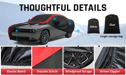 Car Cover Waterproof All Weather Protection with Red Stripe Design, Universal Fit Toyota Camry Solara, Ford Fusion, Kia Stinger Optima, Nissan Maxima, VW Passat, Subaru Legcy