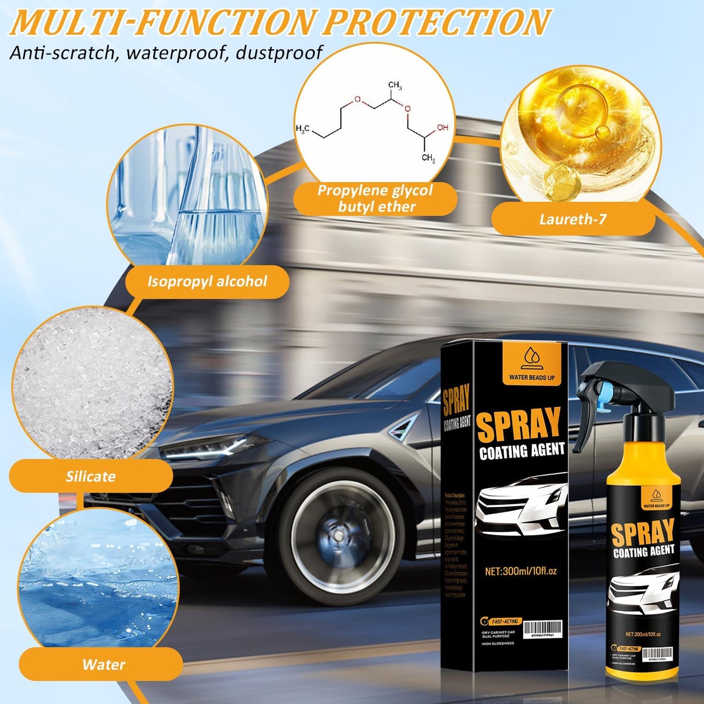 Car Coating Spray Kit, Nano Hydrophobic Ceramic Coating, Easy-to-Spray Auto Paint Protection, Includes Microfiber Cloth for Vehicle Shine & Protection300ml(1sponge+1towel)