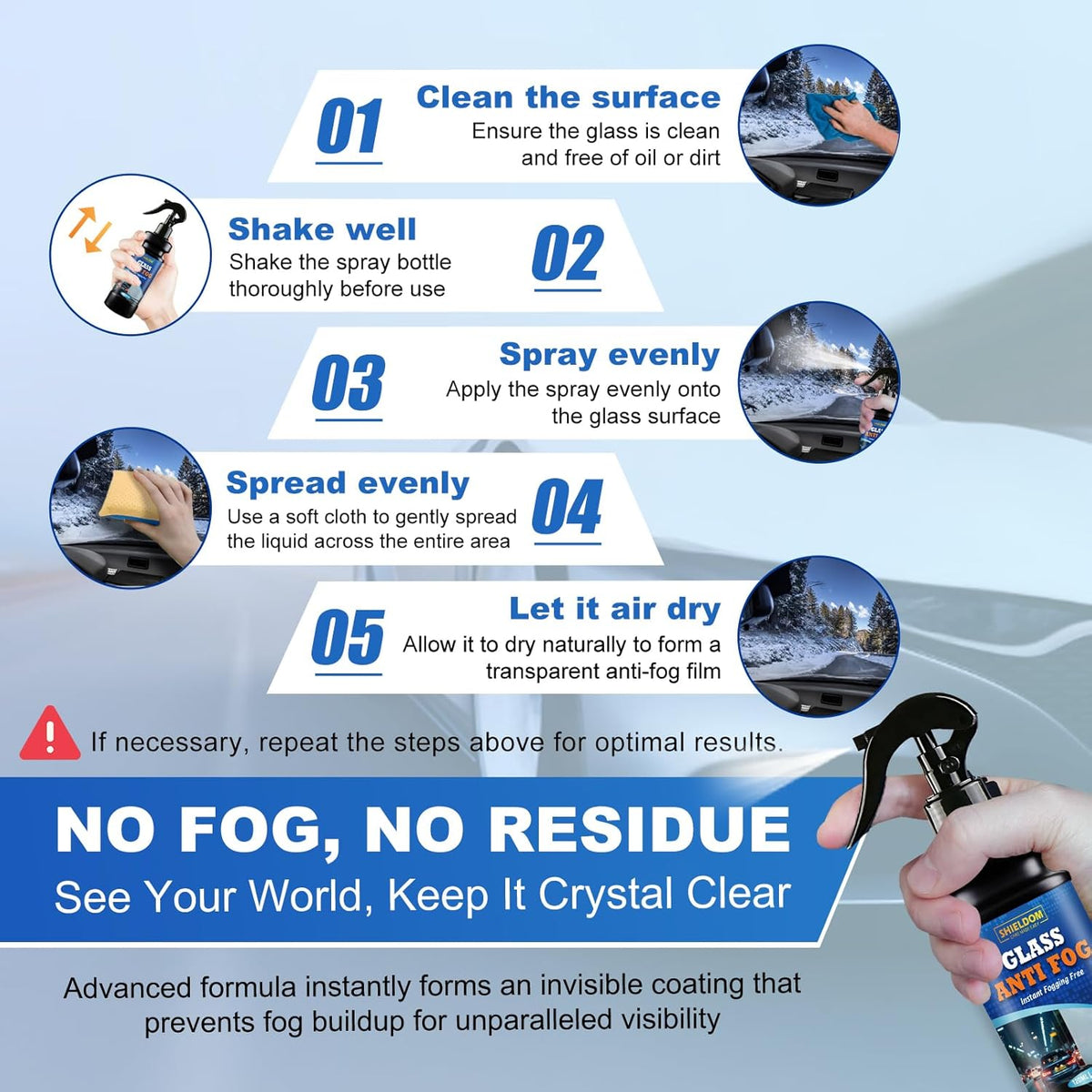 SHIELDOM Anti-Fog Spray for Glass Car Windshield Defogger Prevents Fogging of Interior Glass, Mirrors, Windows, Shower Door with Defogging & Cleaning Sponge, Towel 4oz/120ml