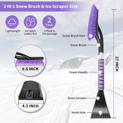 OUSHASAA 27" Snow Brush and Ice Scrapers for Car Windshield 2 Pack |Scratch-Free Bristle Head PVC Snow Brush & Foam Grip Window Snow Scraper Snow Removal Tool with Aluminum Body for Truck, SUV,Purple