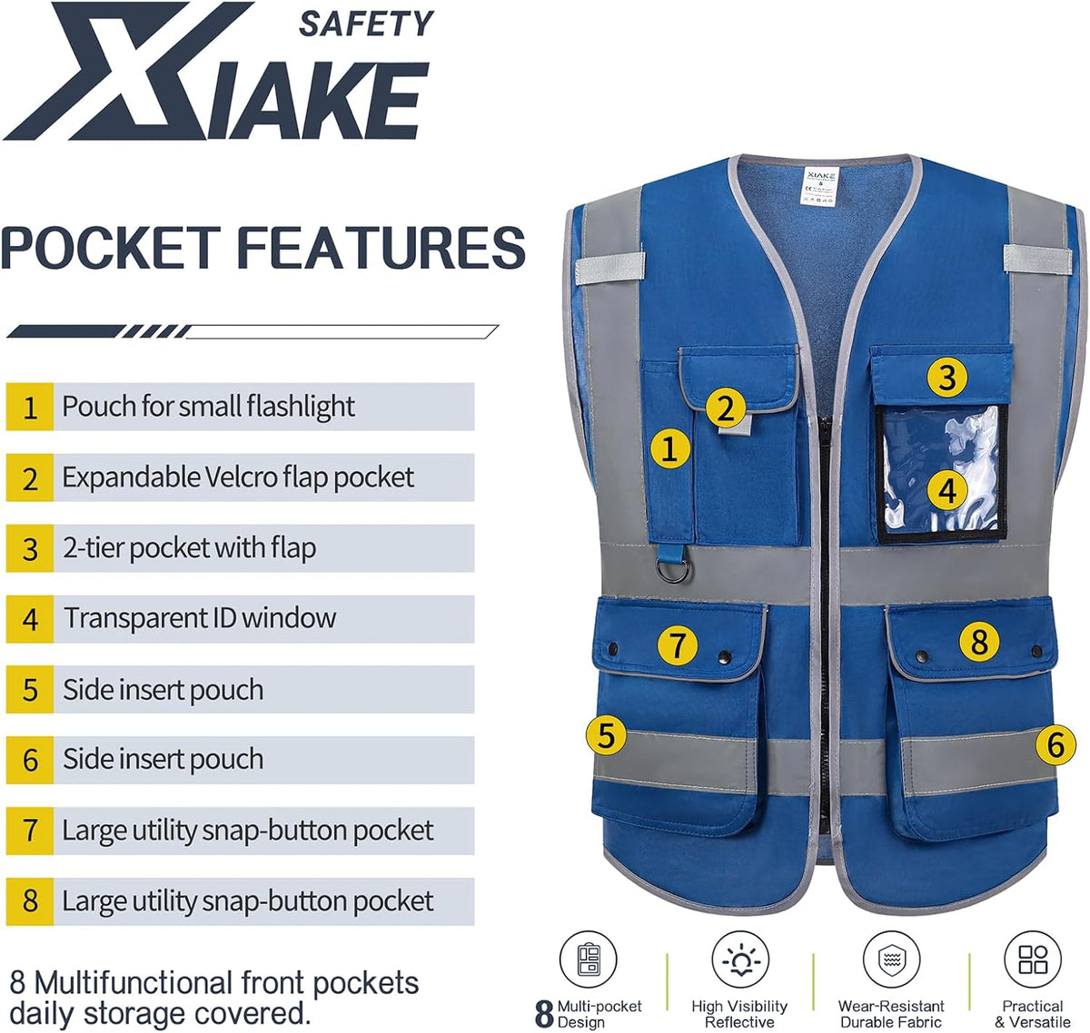 XIAKE Reflective Safety Vest for Men & Women High Visibility Class 2 Vest with Pockets Meets ANSI Standards