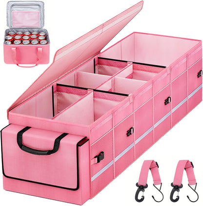 Car Trunk Organizer and Storage with Lid & Removable Leakproof Cooler Bag, Car Accessories 6 Removable Dividers for Custom Space, Collapsible Large Trunk Organizers Interior for SUV Sendan with Cover