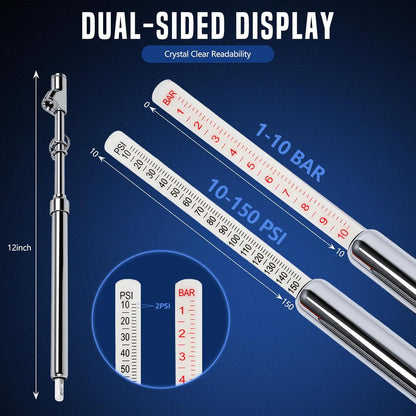 10-Pack Heavy Duty Dual Head Tire Pressure Gauge (10-150 PSI, 1-10 Bar) for Semi Trucks, RVs, Cars, Motorcycles - 12 Inch