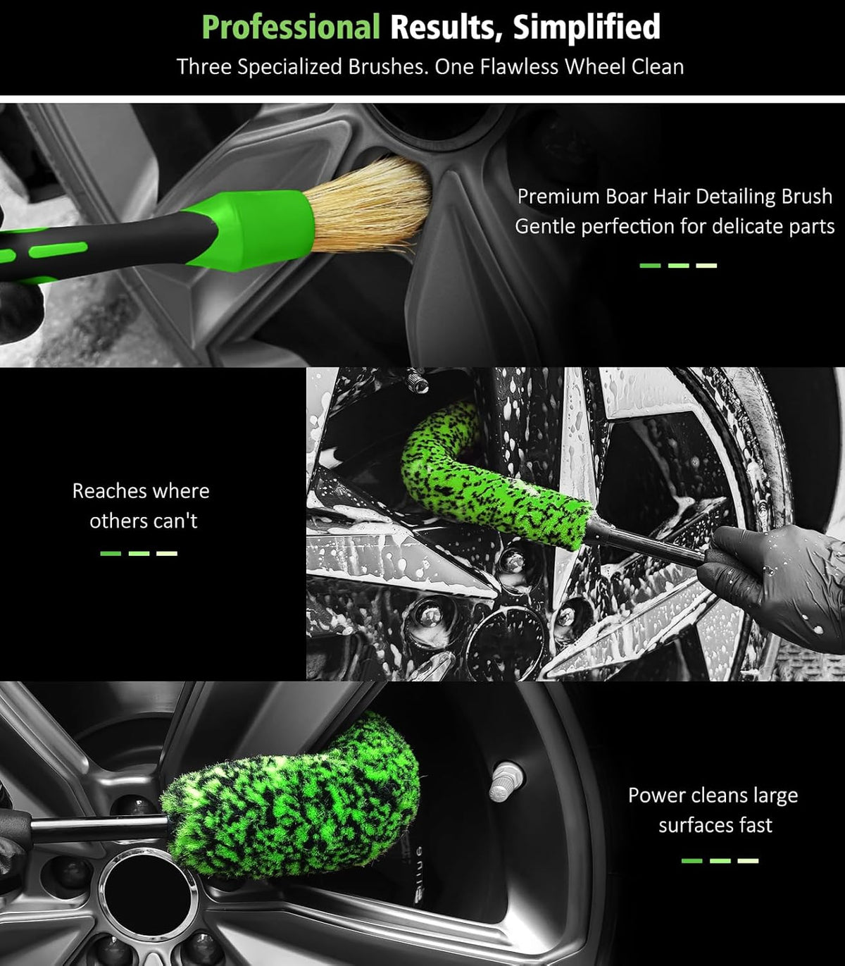 YeewayVeh 3PCS Quick Car Wheel Brush Kit, 2-Size 360° Bendale Rim Cleaner Brushes, Boars Hair Detailing Brush, Fast Scratch-Free Cleaning for Car Wheels, Motorcycle, Green