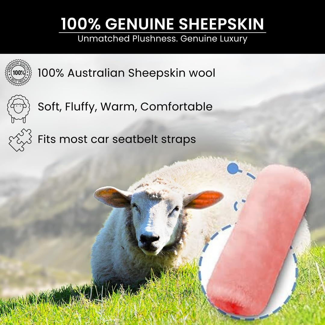 Andalus Brands 2 Pack Genuine Merino Wool Sheepskin Seat Belt Cover – Soft Shoulder Pad, Neck Cushion Protector – Authentic Car Accessories (Pearl)