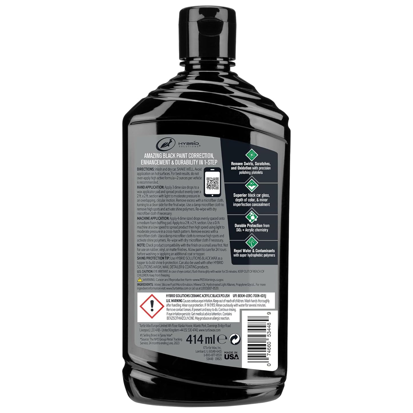 Turtle Wax Hybrid Solutions Ceramic Acrylic Black Car Polish and Wax, Car Scratch Remover & Car Paint Restorer for Black Cars, Deep Shine, Ceramic Coating Protection & Water Beading, 14 oz (Pack of 1)