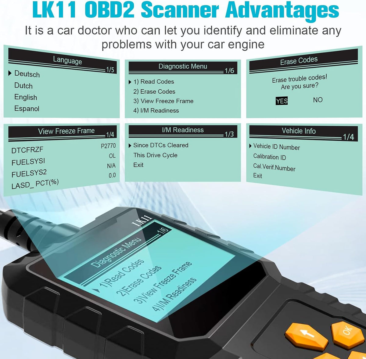 OBD2 Scanner Ease Setup Plug-Play: Clear Reset Engine Error Code Professional Code Reader Diagnostic Scan Tools with Freeze Frame/I/M Readiness for Cars Since 1996 & Newer - LK11