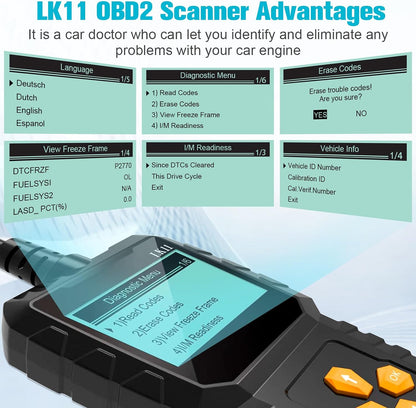 OBD2 Scanner Ease Setup Plug-Play: Clear Reset Engine Error Code Professional Code Reader Diagnostic Scan Tools with Freeze Frame/I/M Readiness for Cars Since 1996 & Newer - LK11