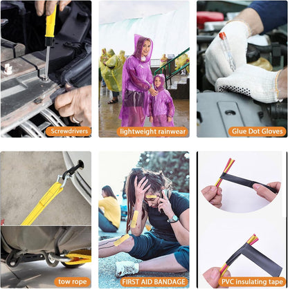 LIANXIN Car Roadside Emergency Kit, with Jumper Cables Automotive Kit,Car Safety Roadside Assistance Kit Headlamp,Tow Straps, Safety Hammers, Rainwear, Gloves.Black