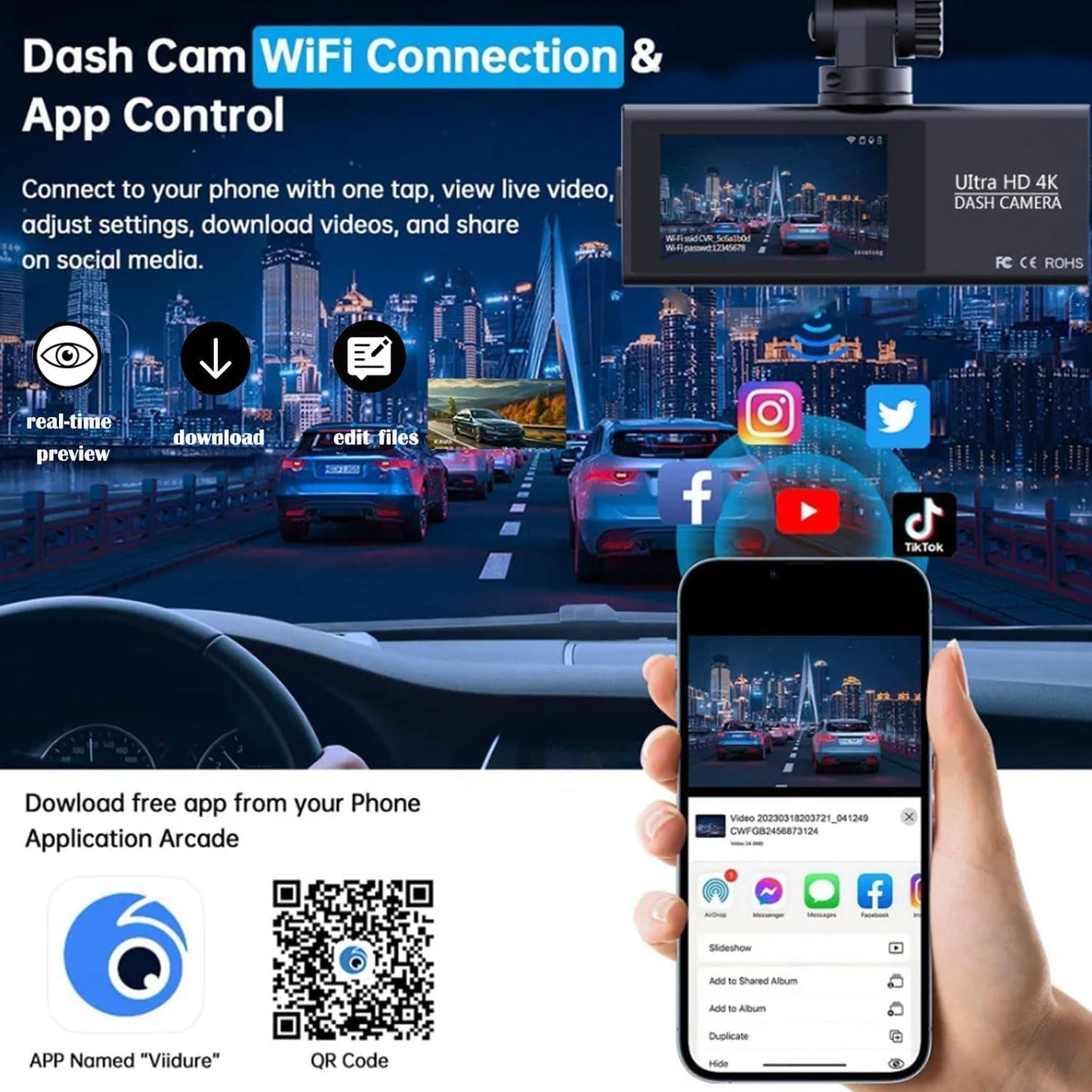 1080P Dual Dash Camera for Car Front and Inside Dashcam Car Security Video Recorder,170°Wide Angle Vehicle Cam,WDR,G-Sensor,2’’ IPS Screen,Loop Recording,Night Vision (Dual Dash Cam Without Card)