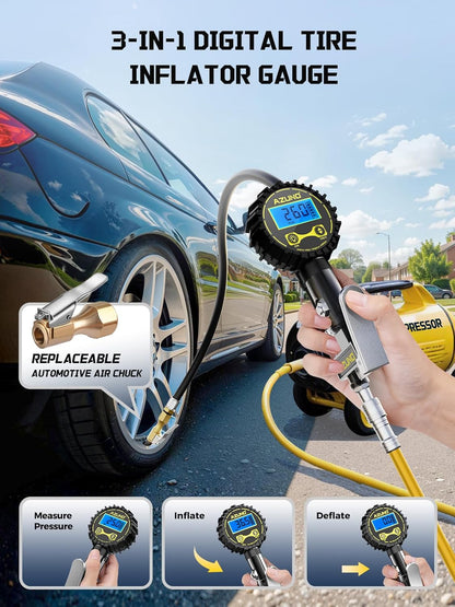 AZUNO Digital Tire Inflator with Pressure Gauge, 200 PSI, Heavy Duty Air Compressor Accessories, with Rubber Hose Lock on Air Chuck and Quick Connect Coupler, Comes with a Portable Carrying Box