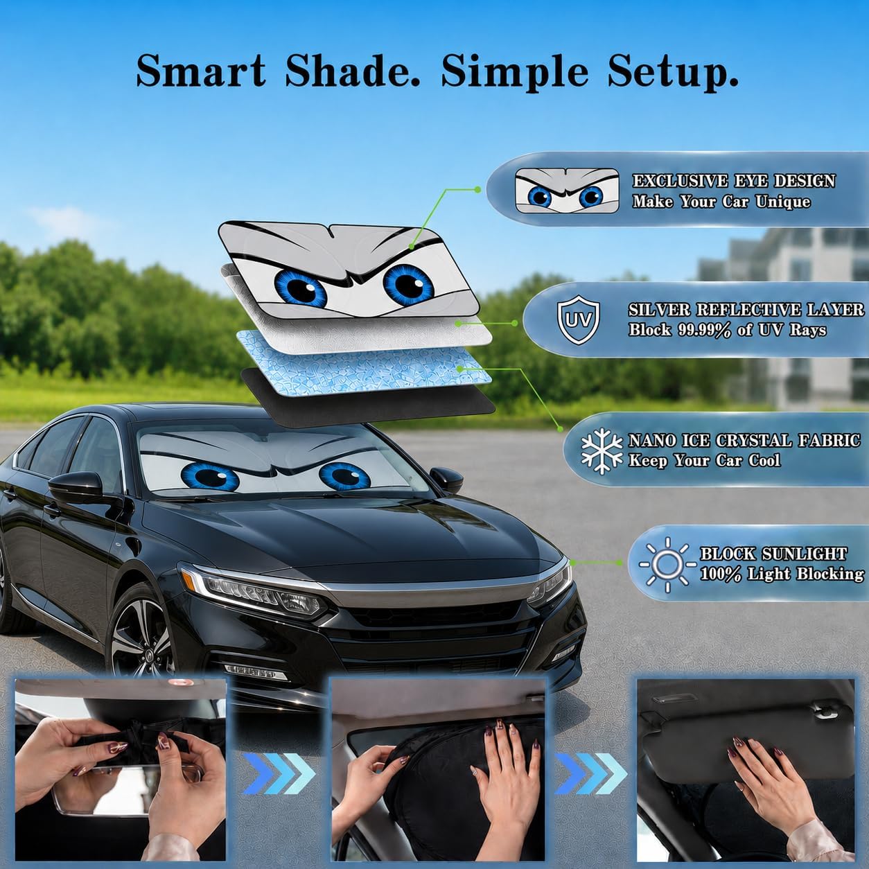 Car Windshield Sun Shade, Funny Cartoon Eyes Sun Visor for Car Windshield Universal Fits Sedan Compact Car Hatchback SUV, UV Heat Protection - 59 x 27.5