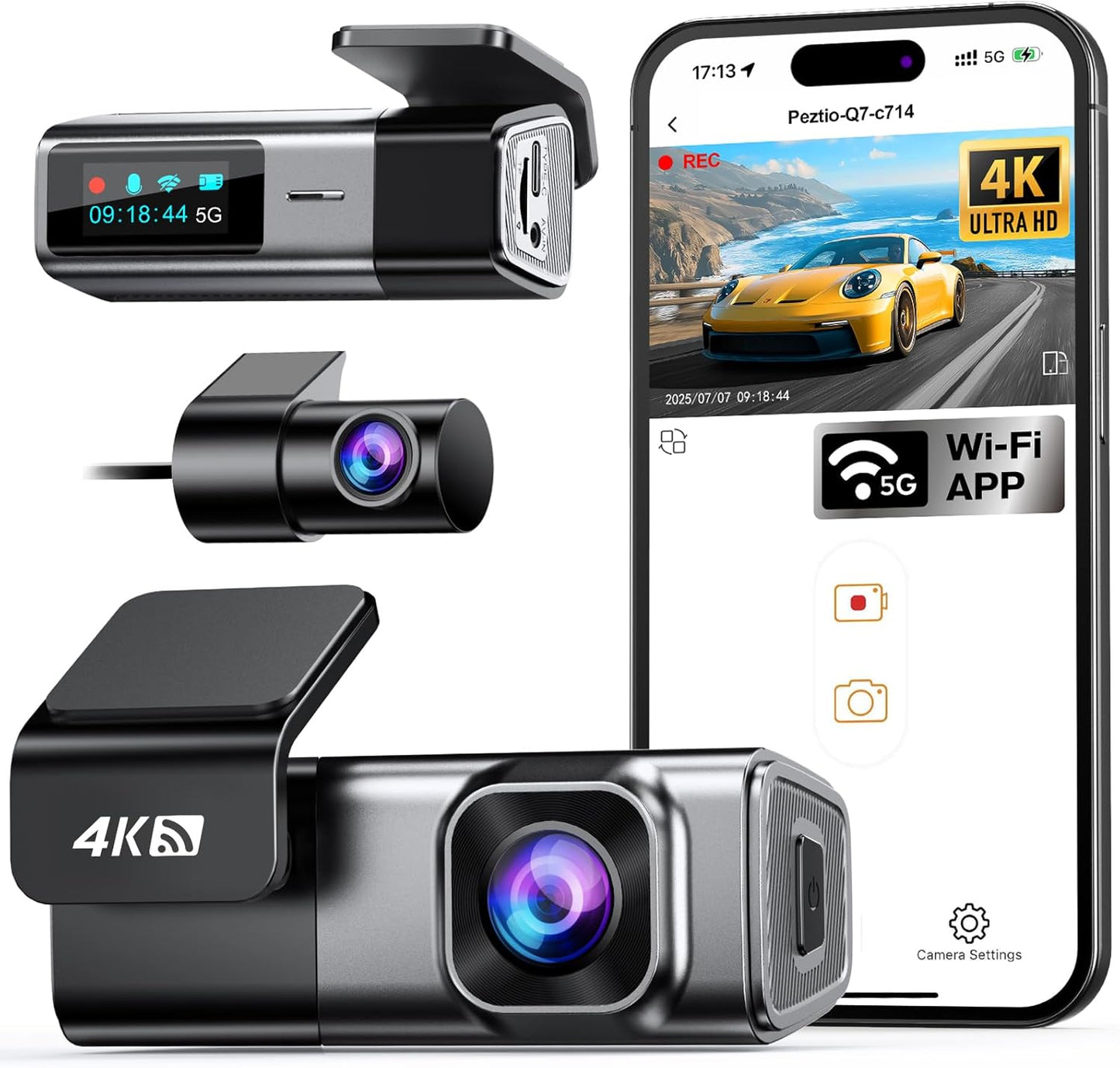 Navycrest 4K Dash Cam Front and Rear, Built-in 5G WiFi, Dash Camera for Cars 4K Front and 1080P Rear, Dashcams for Cars Loop Recording, Gravity Sensor, 24-Hours Parking Mode, SD Card NOT Included