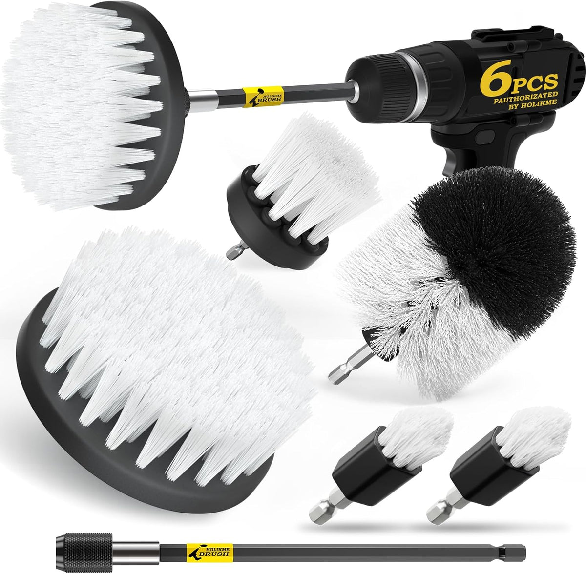 Holikme 6Pack Drill Brush Power Scrubber Cleaning Brush Extended Long Attachment Set All Purpose Drill Scrub Brushes Kit for Grout, Floor, Tub, Bathroom and Kitchen Surface,Scratch Brushes（Yellow）