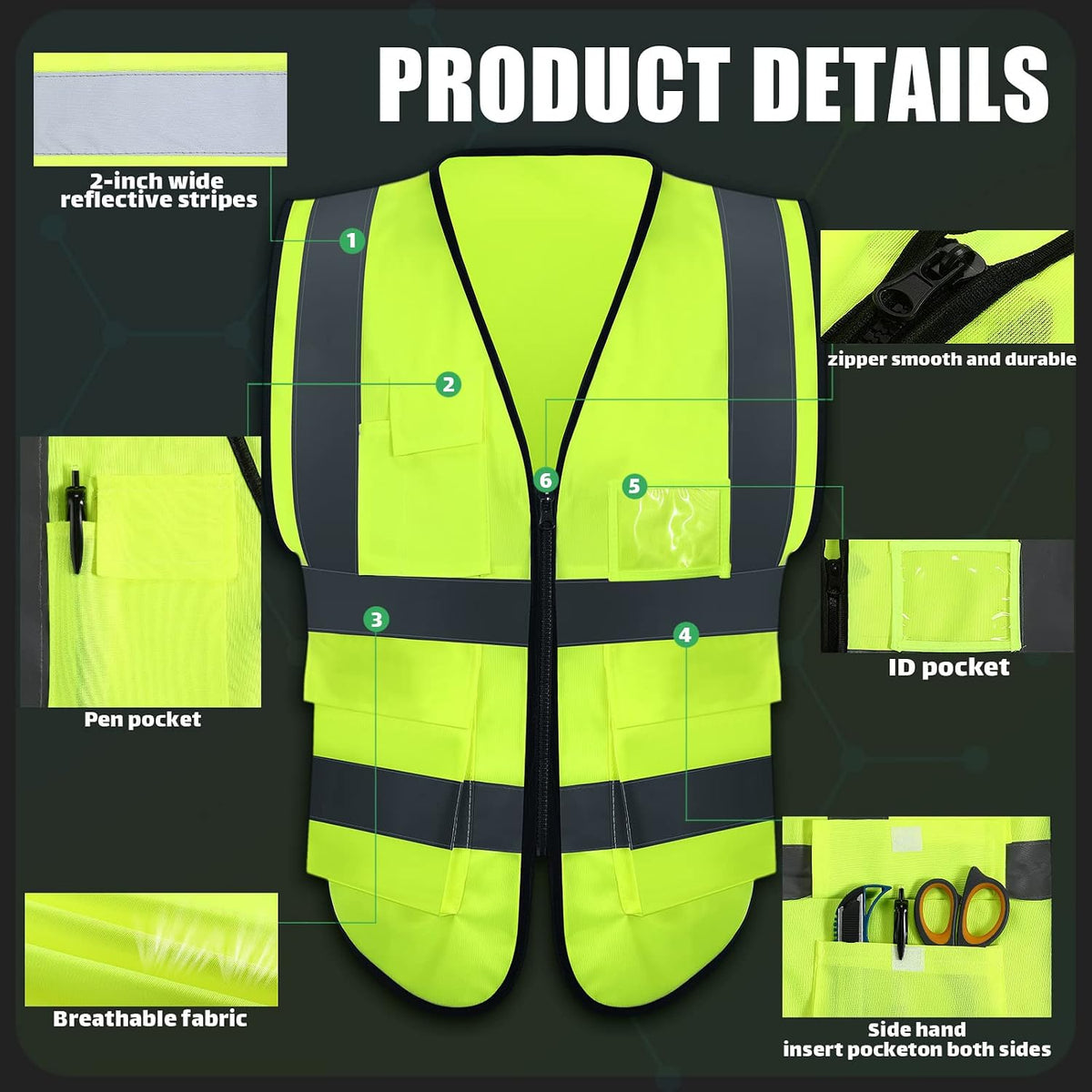 10 Pcs Reflective Safety Vest with Pockets and Zipper High Visibility Vest for Women Men Work, Construction, Cycling