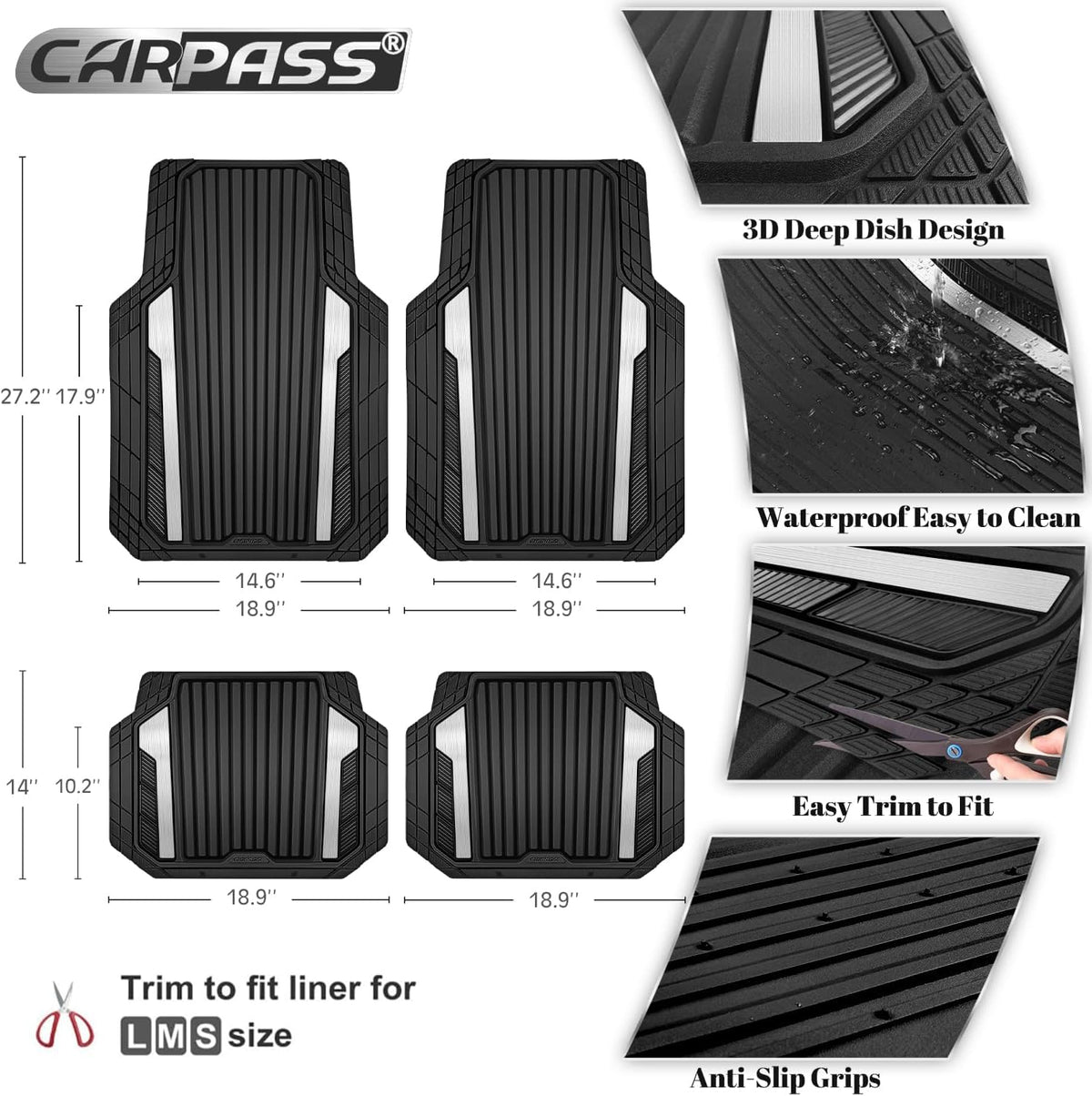 CAR PASS Heavy Duty Rubber Car Mats Metallic, Aluminum Film All Weather Floor Mats Waterproof Universal Trim to Fit Automotive SUV Sedan Van 4 Piece Anodized Deep Dish Two-Tone Sporty Black Red Chrome