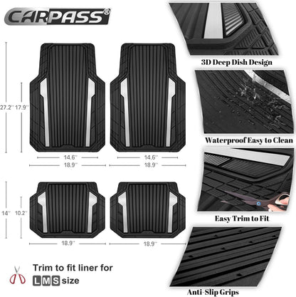 CAR PASS Heavy Duty Rubber Car Mats Metallic, Aluminum Film All Weather Floor Mats Waterproof Universal Trim to Fit Automotive SUV Sedan Van 4 Piece Anodized Deep Dish Two-Tone Sporty Black Red Chrome