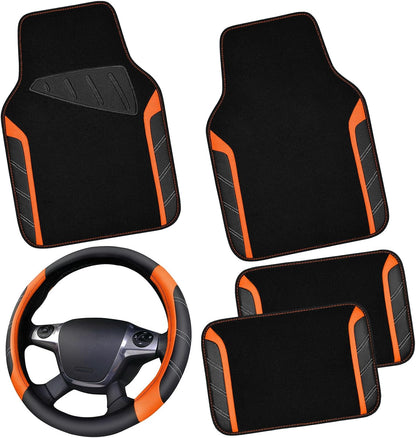 CAR PASS Air Mesh Leather Car Seat Covers Full Set, Waterproof Car Floor Mats, Sporty Steering Wheel Cover 14.5-15in, Universal Fits for 95% Cars Truck SUV (Black and Blue)