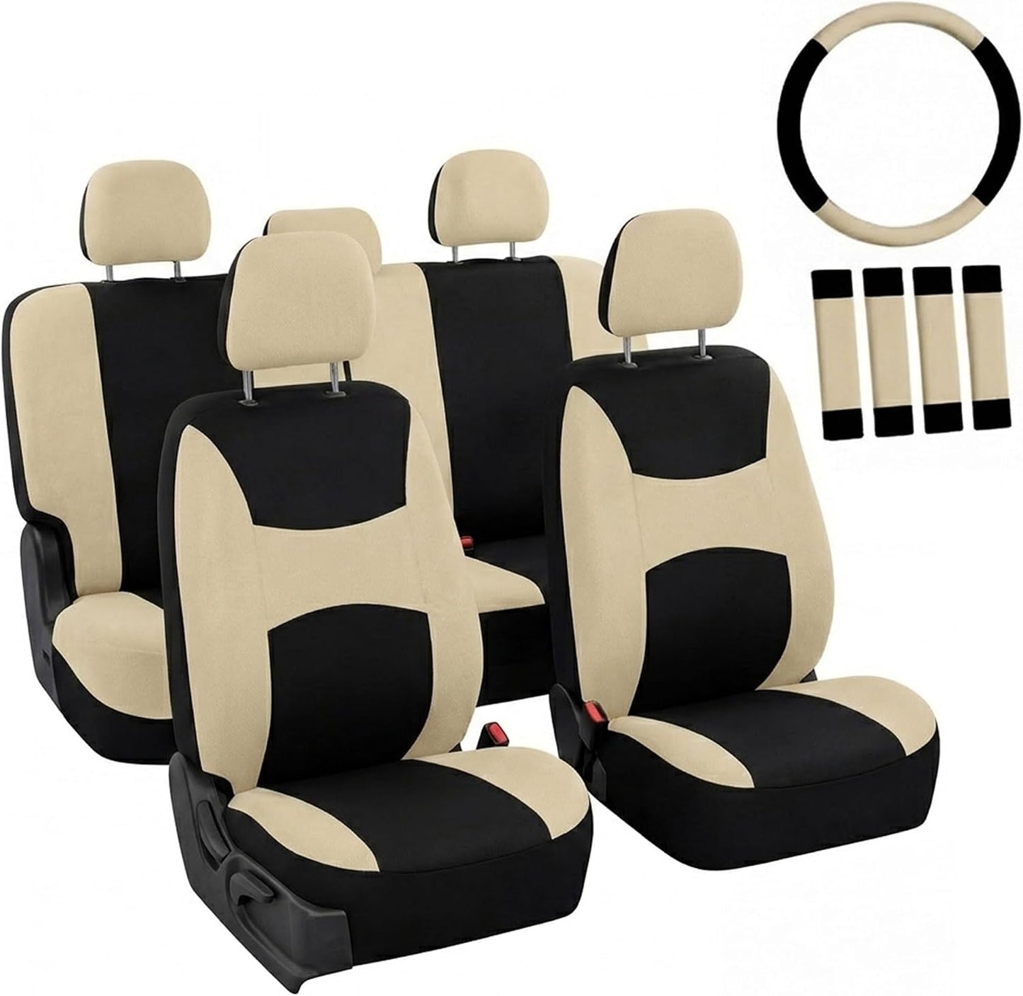 FH Group Full Set Cloth Car Seat Covers, Universal Fit Front and Split Bench Rear, Airbag Compatible, Washable for SUV, Sedan, Van - Black