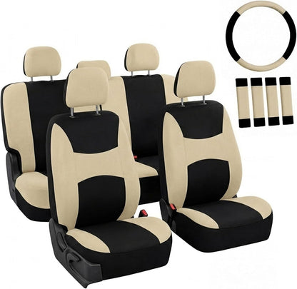 FH Group Full Set Cloth Car Seat Covers, Universal Fit Front and Split Bench Rear, Airbag Compatible, Washable for SUV, Sedan, Van - Black