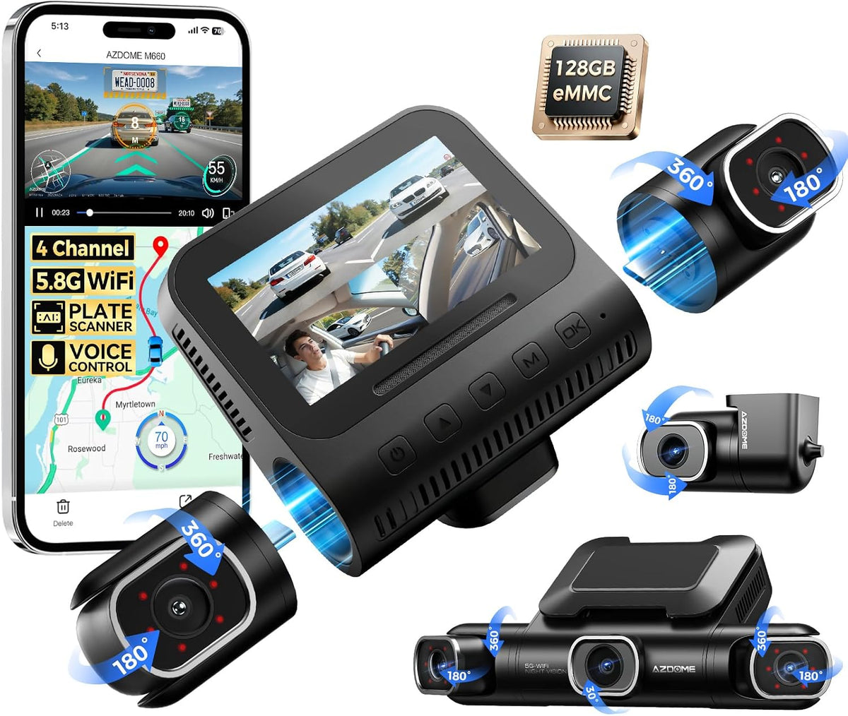 AZDOME 360° 4 Channel Dash Cam Front and Rear Inside, Built-in 128GB eMMC, 2K+1080P*3 Dashcam, Left Right, Voice Control, 5G WiFi Dash Camera for Cars with 4 Adjustable Lenses, IR Night Vision, M660