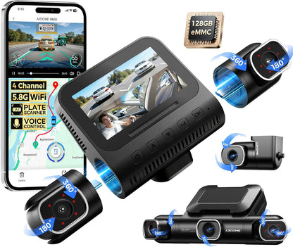 AZDOME 360° 4 Channel Dash Cam Front and Rear Inside, Built-in 128GB eMMC, 2K+1080P*3 Dashcam, Left Right, Voice Control, 5G WiFi Dash Camera for Cars with 4 Adjustable Lenses, IR Night Vision, M660