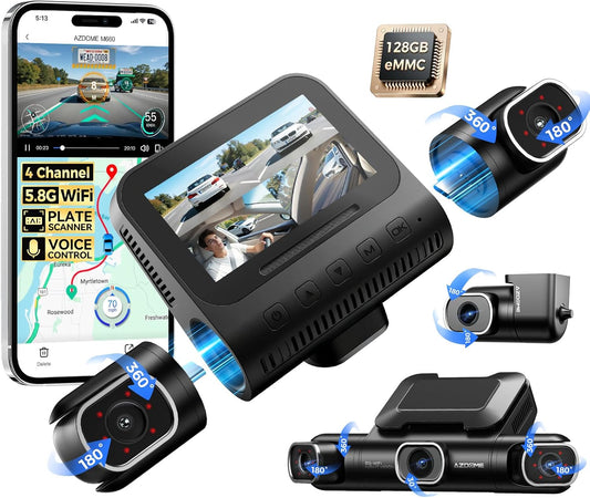 AZDOME 360° 4 Channel Dash Cam Front and Rear Inside, Built-in 128GB eMMC, 2K+1080P*3 Dashcam, Left Right, Voice Control, 5G WiFi Dash Camera for Cars with 4 Adjustable Lenses, IR Night Vision, M660