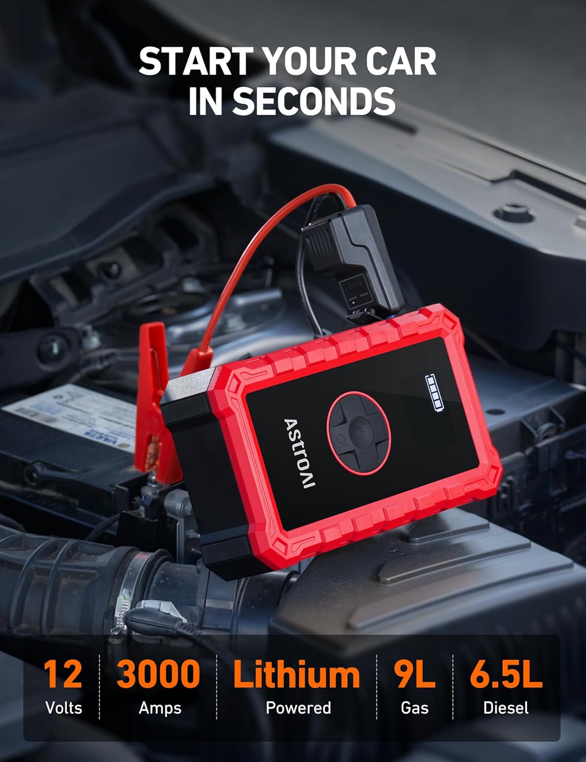 AstroAI S8 Air Jump Starter with Air Compressor, 3000A Peak Car Battery Jump Starter Portable (9.0 Gas/6.5L Diesel) with 150PSI Cordless Auto-Shutoff Tire Inflator, 12V Battery Charger Booster(Orange)