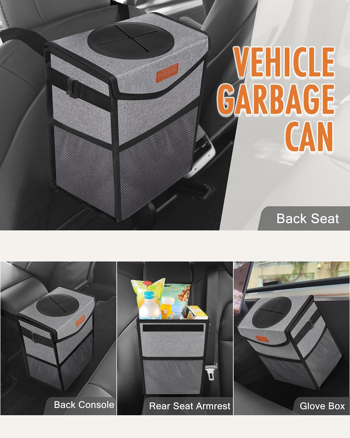 Pritent Car Trash Can with Lid, Cute Leakproof Car Trash Garbage Bag Hanging Vehicle Trash Bin Small Portable Automotive Garbage Cans Organizer for Back/Front Seat/Console(Trapezoid,Black)