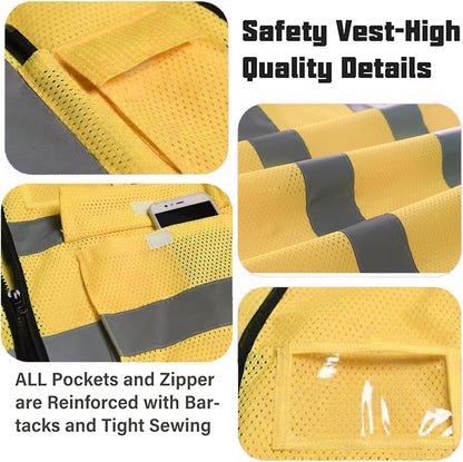 Reflective Mesh Safety Vest, Breathable Hi Vis Vest Construction Work with 5 Pockets and Zipper for Men Women