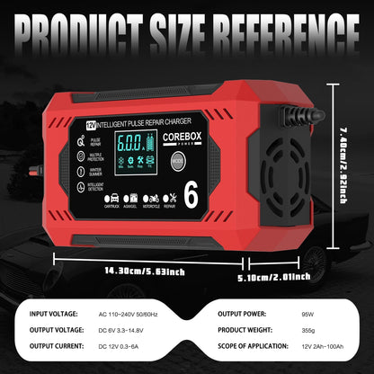 Corebox Battery Charger 6-Amp 12V Automatic Smart Battery Trickle Charger, Battery Maintainer Desulfator with Temperature Compensation for Car Truck Motorcycle Lawn Mower Marine