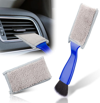 Double Head Brush for Car Clean, 2 in 1 Car Detailing Brush, Car Accessories Double Ended Portable Dust Brush with 2 Cleaning Cloth, Universal Dust Removal Brush for Air Conditioner Outlets