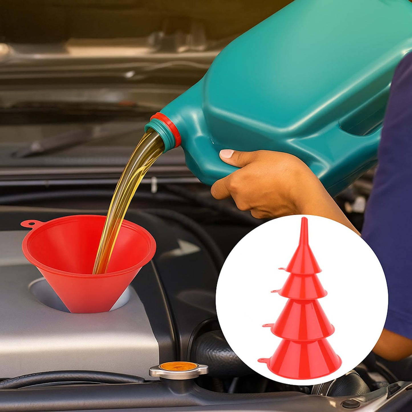 6 Pcs Automotive Oil Funnel Set – Wide Mouth Fuel Funnels with Long Neck, Flexible Spout & Removable Filter – for Gasoline, Coolant, Water, Engine Oil