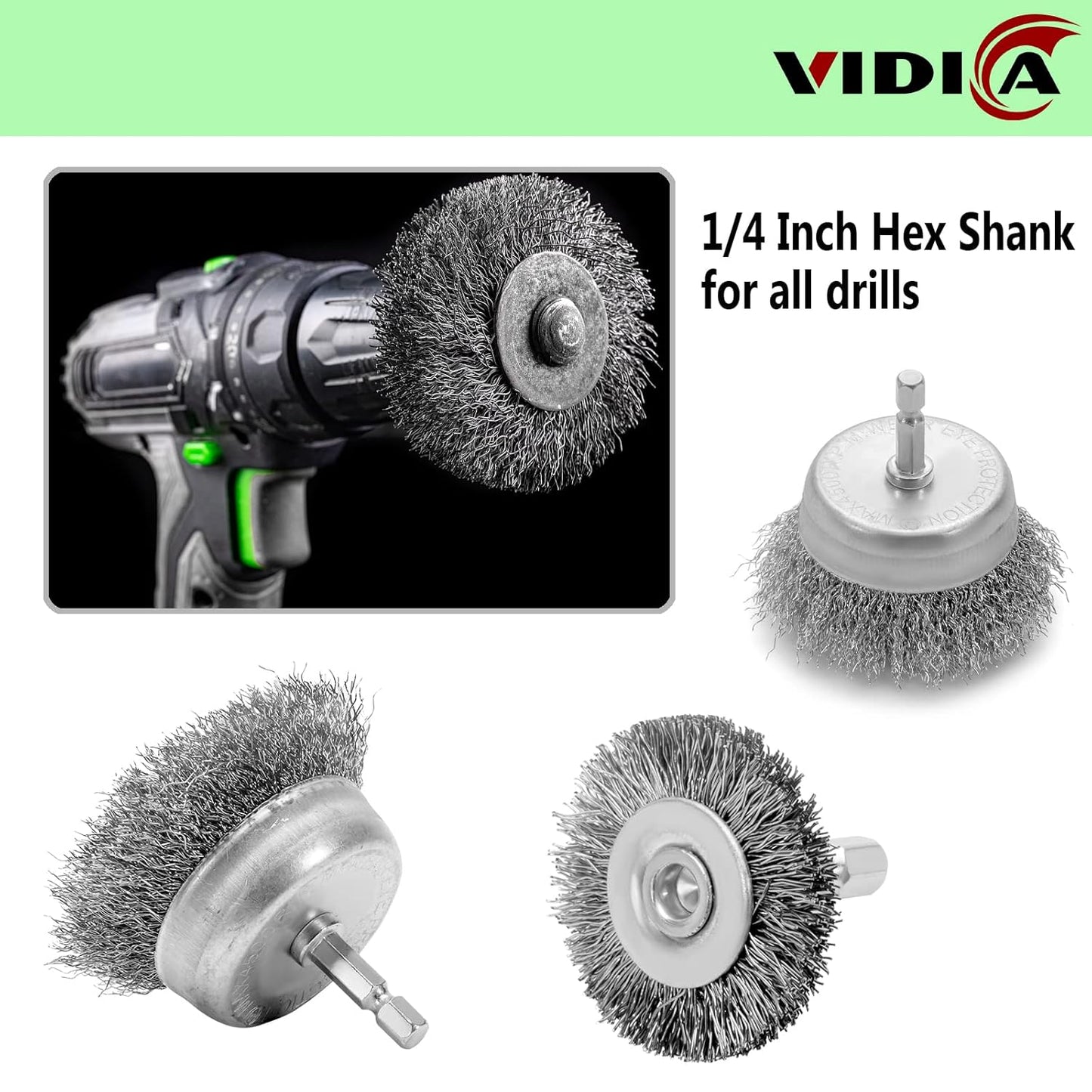 VIDICA Wire Brush for Drill Set 9Pcs,Abrasive Wire Wheel for 1/4 Inch Hex Shank, Wire Cup Brush for Drill, Coarse Crimped Carbon Steel Wire Brush Set for Removing Paint and Rust