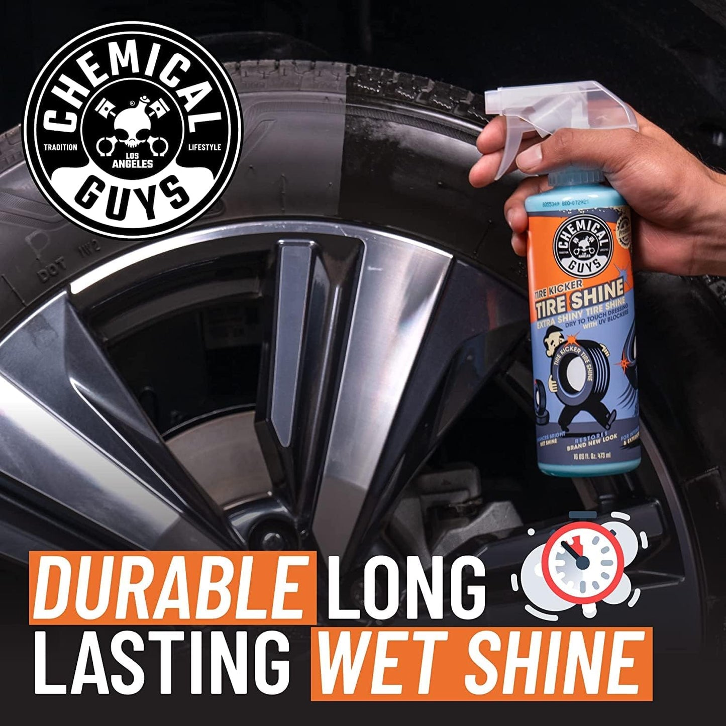 Chemical Guys Tire Kicker Extra Glossy Tire Shine Spray, 16 fl oz | Includes foam applicator; works on rubber, vinyl and plastic; for cars, trucks, motorcycles, RVs and more
