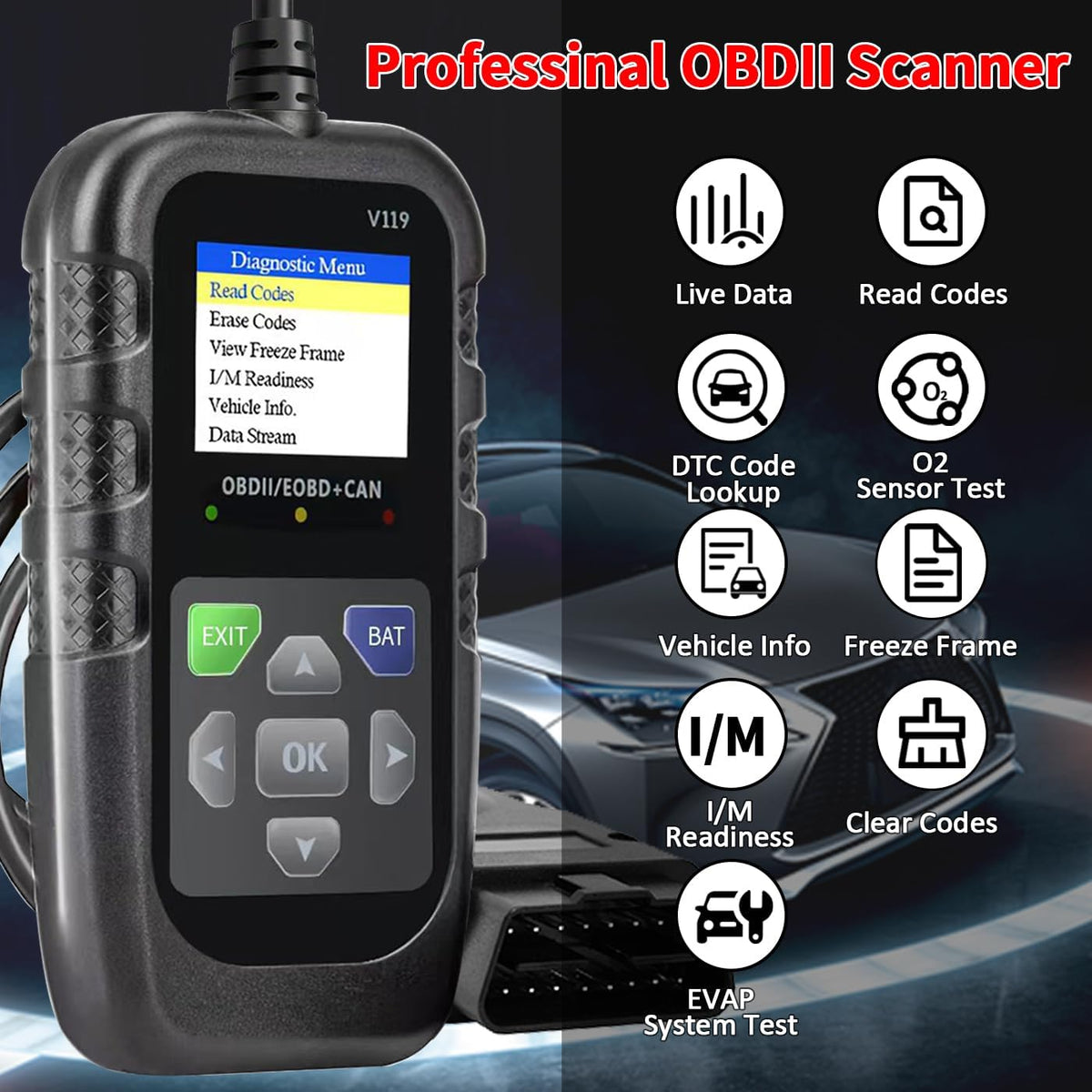Car OBD2 Scanner Diagnostic Tool, Code Reader, Voltage Tester, Check Engine Light Fault Code, OBD2/EOBD for OBDII Protocol Car & Truck Since 1996+