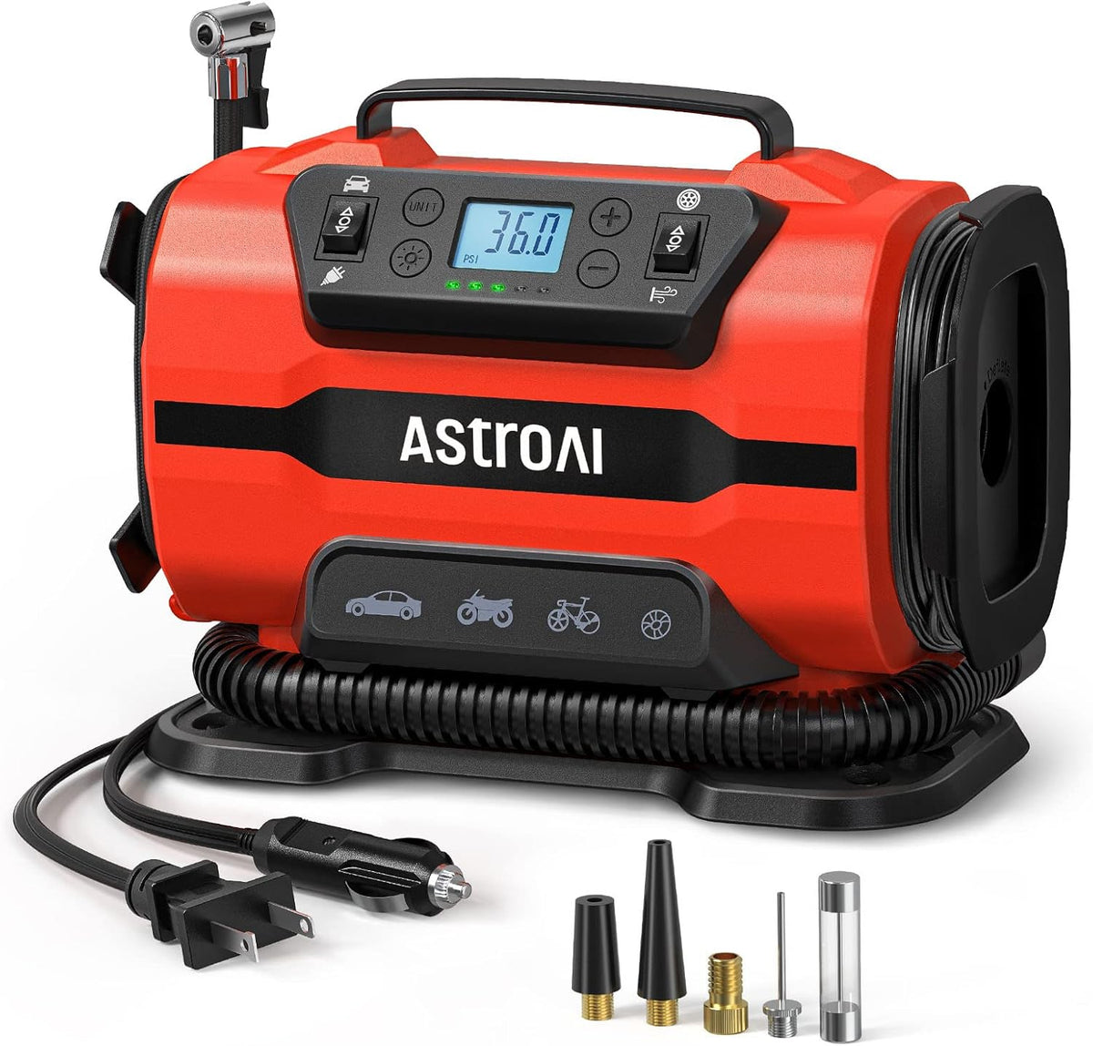 AstroAI Tire Inflator Portable Air Compressor Pump 150PSI 12V DC/110V AC with Dual Metal Motors&LED Light, Automotive Car Accessories&Two Modes for Car, Bicycle Tires and Air Mattresses, Yellow