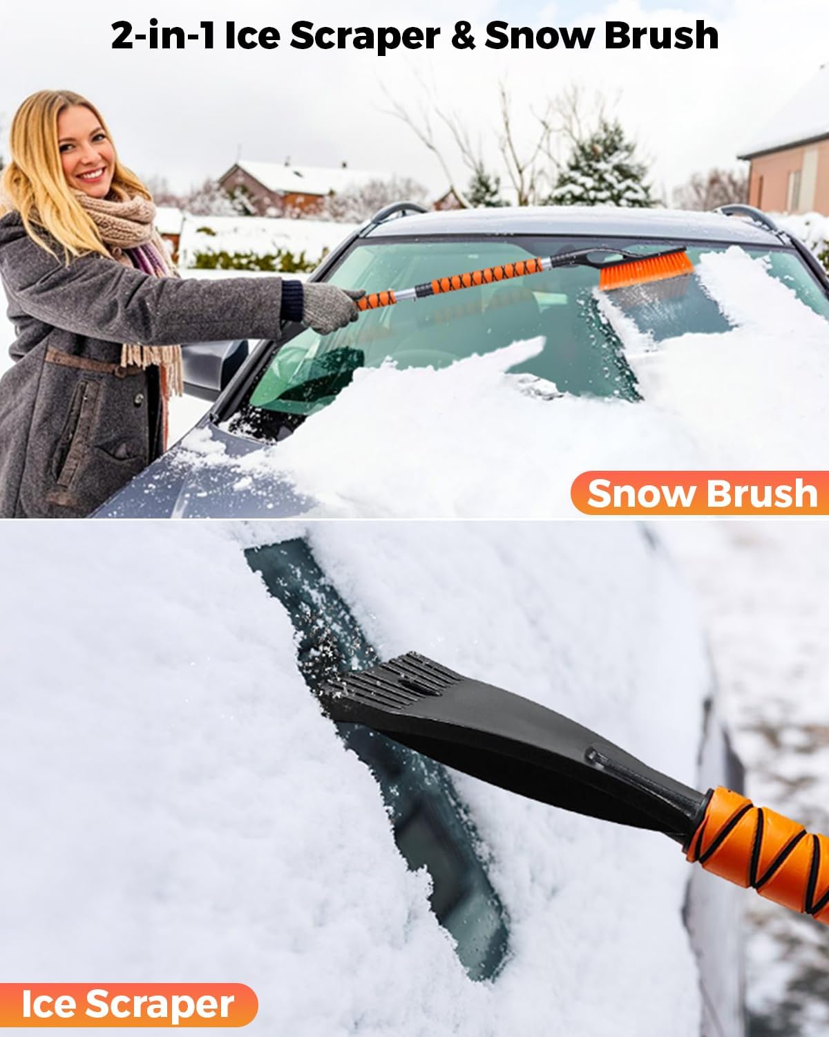 EcoNour 27" Aluminum Ice Scrapers for Car Windshield | Car Snow Scraper Window and Snow Brush with Ergonomic Foam Grip Winter Accessories (Orange)