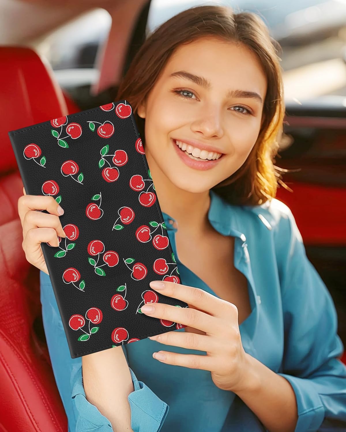 Slohif Car Registration and Insurance Card Holder with Magnetic Shut - Vehicle Glove Box Organizer Women Leather Automobile License Holders Coasters Auto Accessories Case for Document,Strawberry