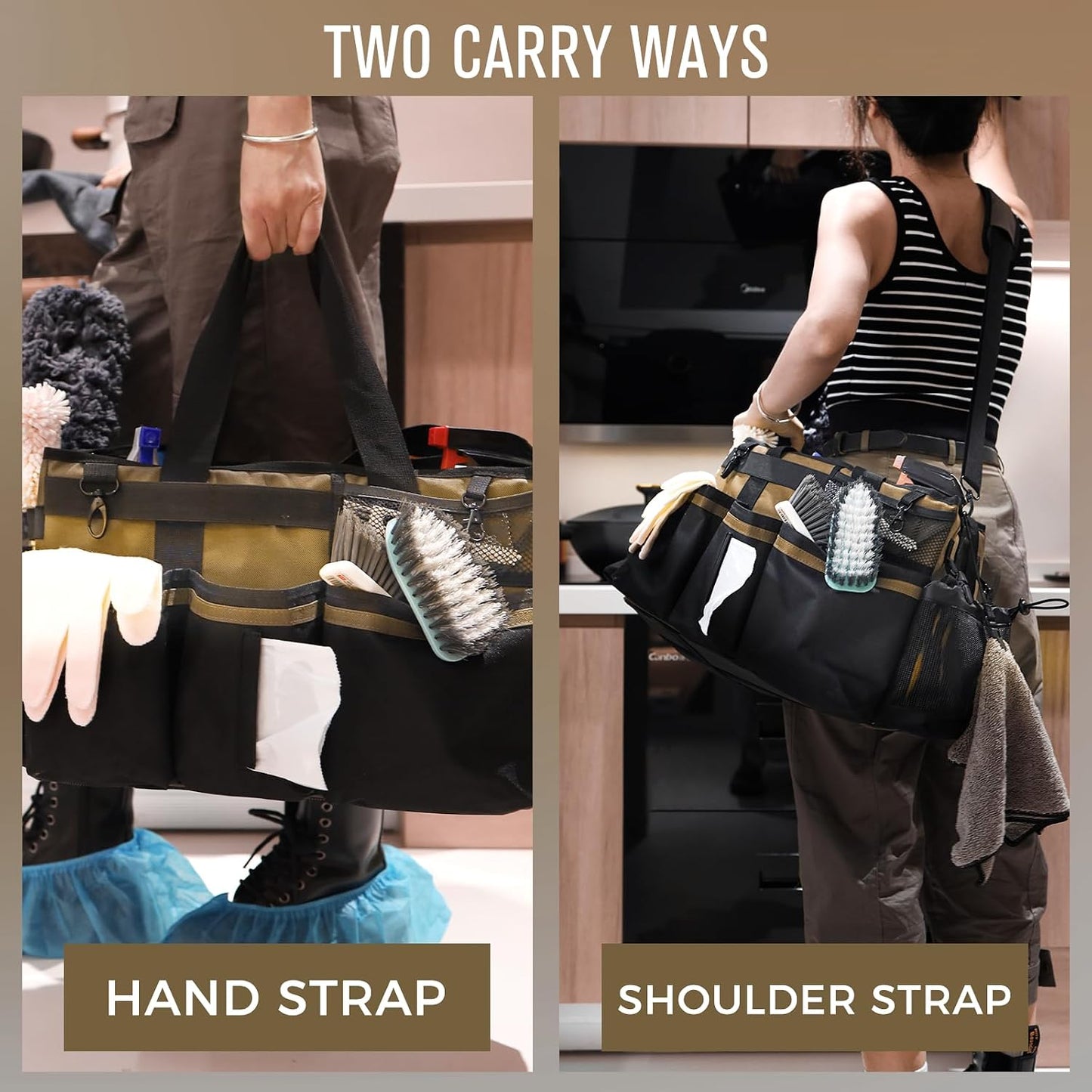 SCAVATA Wearable Cleaning Caddy Organizer with Handle & Shoulder Straps for Housekeepers, Under Sink & Car Cleaning Tool Organizer Bag with 4 Foldable Dividers (Green)
