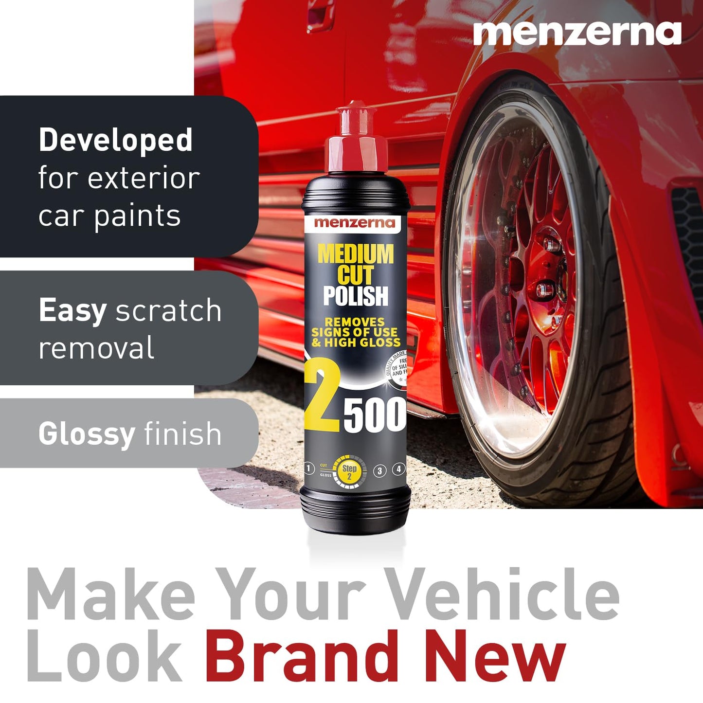 menzerna Medium Cut Polish 2500" I Abrasive Polishing Compound for Medium Scratches and Signs of Use I Buffing and Polishing Compound for Scratch Repair & a Glossy Finish I Silicone Free I 8 fl oz.