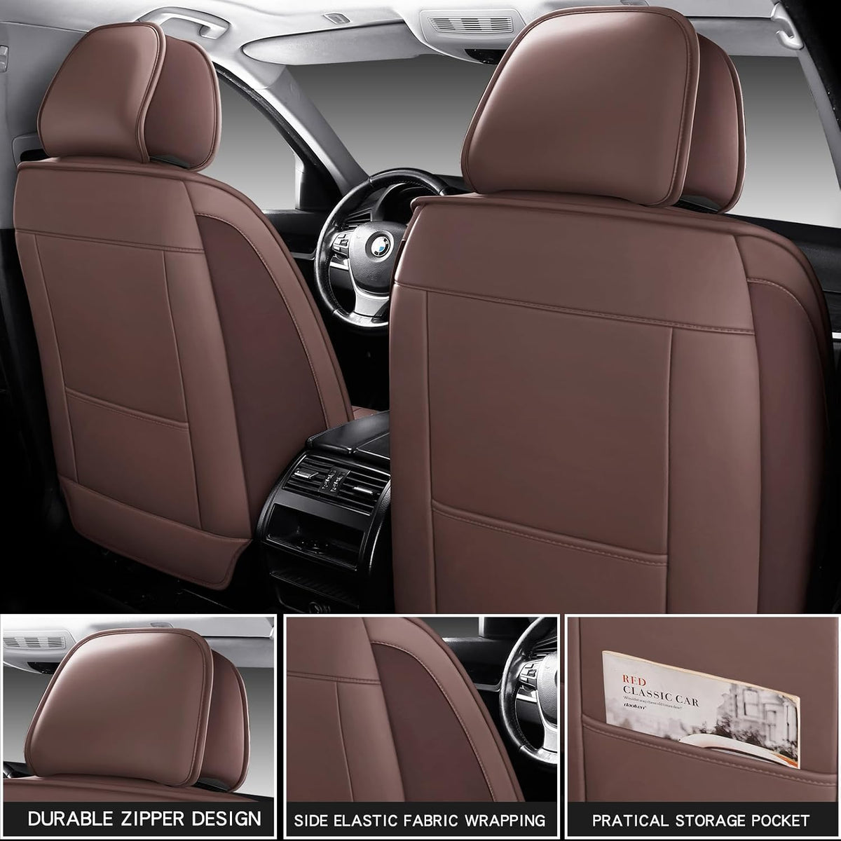 MINGBRON Car Seat Cover Full Set, Leather Car Seat Cover, Waterproof Seat Covers, Car Seat Cushion, Nappa Leather Seat Covers Car Seat Protector Universal Fit Most Cars Black